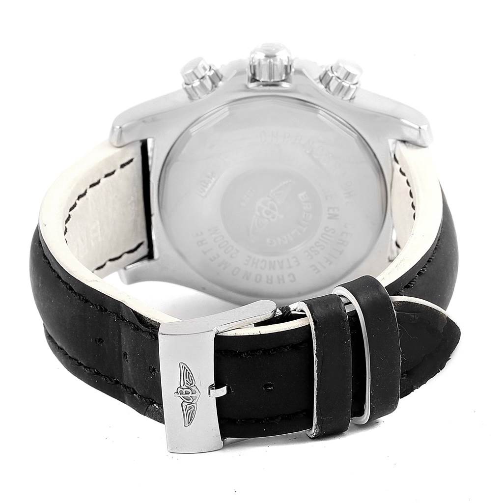 The image shows the back view of a Breitling Superocean A73310 Men's Stainless Steel Black Dial A73310 Men's Stainless Steel Black Dial watch, highlighting its case back and black leather strap with a clasp.