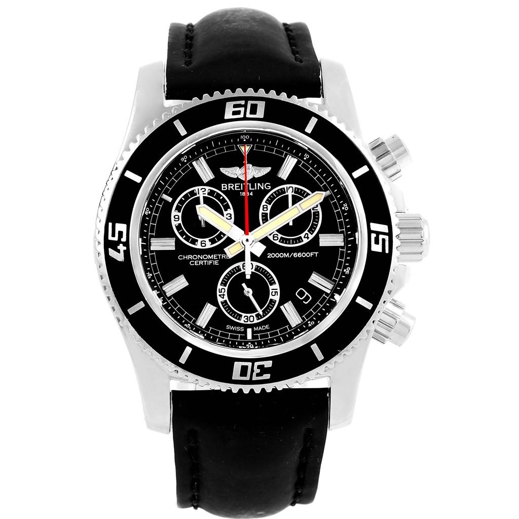 This image shows a front view of the Breitling Superocean A73310 Men's Stainless Steel Black Dial A73310 Men's Stainless Steel Black Dial watch, featuring its dial, bezel, and leather strap.