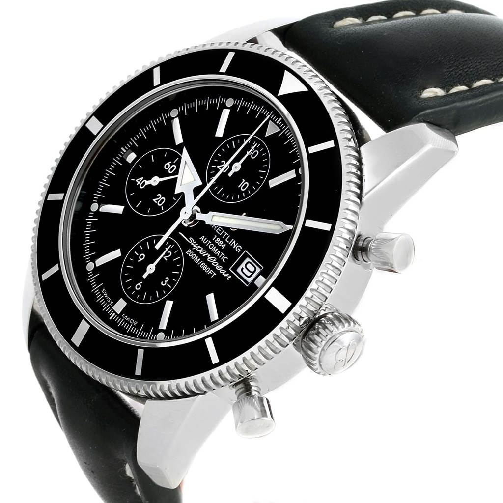 The Breitling Superocean A13320 Men's Stainless Steel Black Dial A13320 Men's Stainless Steel Black Dial watch is shown at an angled side view, focusing on the bezel, crown, and chronograph pushers.