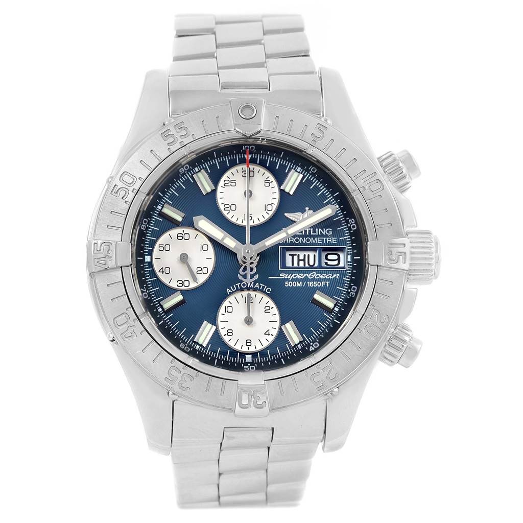 The Breitling Superocean A13340 Men's Stainless Steel Blue Dial A13340 Men's Stainless Steel Blue Dial watch is shown from a front angle, highlighting its face, bezel, and bracelet.