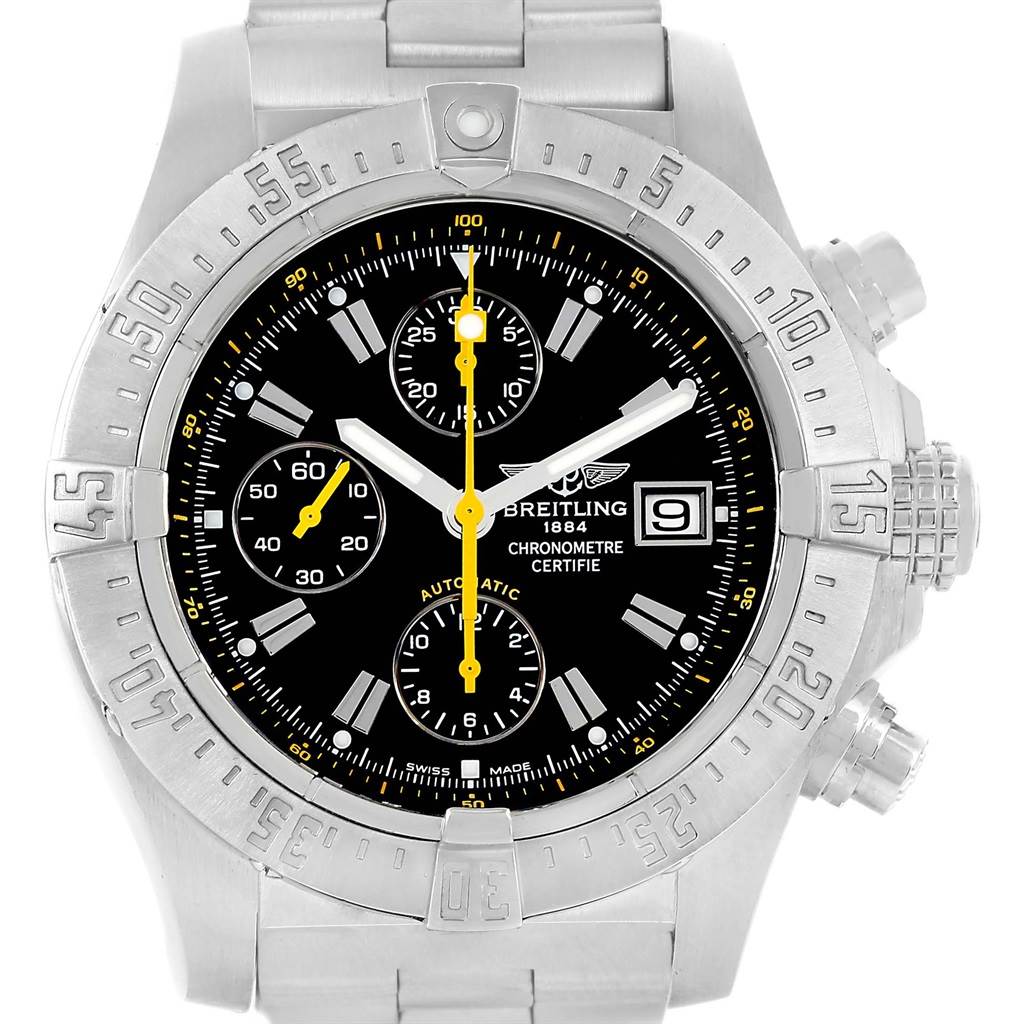 This image shows a frontal view of a Breitling Avenger A13380 Men's Stainless Steel Black Dial A13380 Men's Stainless Steel Black Dial watch showcasing its dial, bezel, and bracelet.