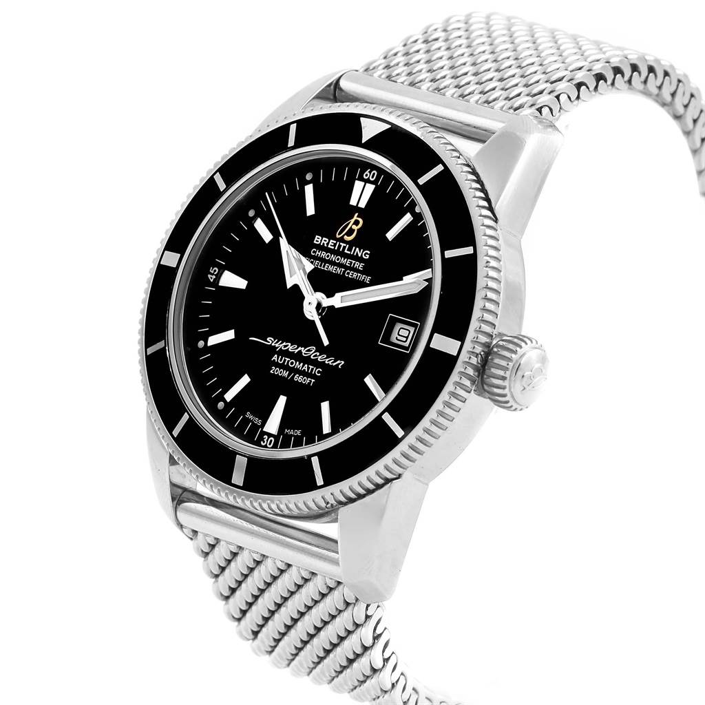 The image shows a Breitling Superocean A17321 Men's Stainless Steel Black Dial A17321 Men's Stainless Steel Black Dial watch from a slightly angled side view, featuring its black dial, stainless steel case, and mesh bracelet.