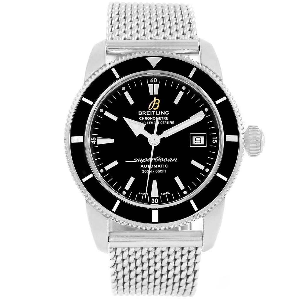 The image shows a frontal view of the Breitling Superocean A17321 Men's Stainless Steel Black Dial A17321 Men's Stainless Steel Black Dial watch, highlighting the dial, bezel, crown, and stainless steel mesh bracelet.