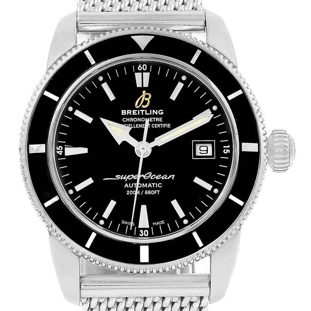The image shows a front view of a Breitling Superocean A17321 Men's Stainless Steel Black Dial A17321 Men's Stainless Steel Black Dial watch, showcasing its black dial, bezel, and mesh bracelet.