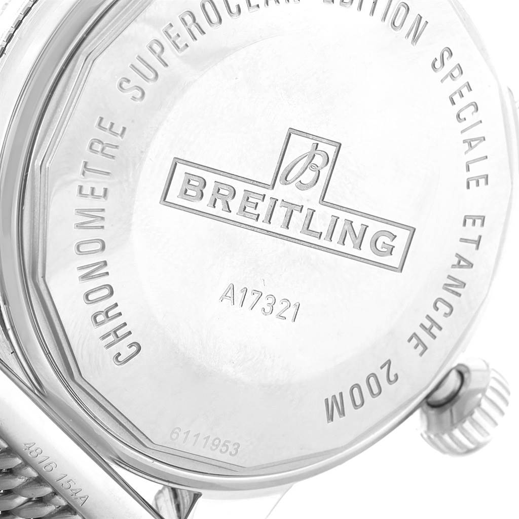 The image shows the case back and part of the crown of the Breitling Superocean A17321 Men's Stainless Steel Black Dial A17321 Men's Stainless Steel Black Dial watch model.