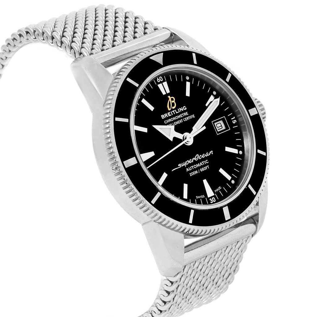 The Breitling Superocean A17321 Men's Stainless Steel Black Dial A17321 Men's Stainless Steel Black Dial watch is shown at a front angle, highlighting its black dial, bezel, and metal mesh strap.