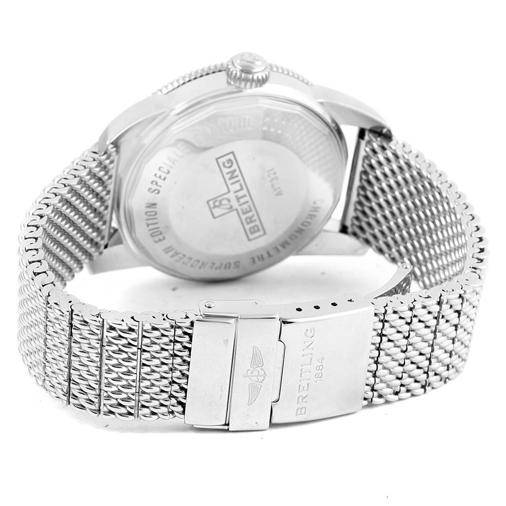 The image shows the back case and metal mesh strap of the Breitling Superocean A17321 Men's Stainless Steel Black Dial A17321 Men's Stainless Steel Black Dial watch from a rear angle.