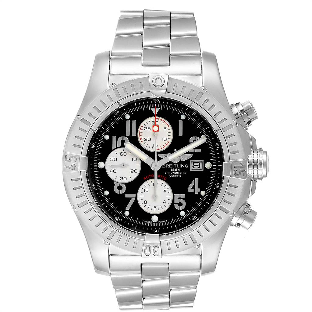 The Breitling Avenger A13370 Men
s Stainless Steel Black Dial A13370 Men
s Stainless Steel Black Dial watch is shown in a front-facing angle, displaying its face, bezel, and stainless steel bracelet.