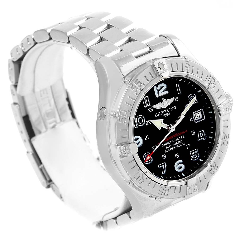 The Breitling Superocean A13360 Men's Stainless Steel Black Dial A13360 Men's Stainless Steel Black Dial watch is shown at a three-quarter angle, displaying the bezel, dial, and metal bracelet.