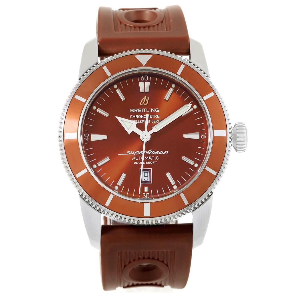 This is a front-facing view of a Breitling Superocean A17320 Men's Stainless Steel Brown Dial A17320 Men's Stainless Steel Brown Dial watch with a brown dial and matching rubber strap.