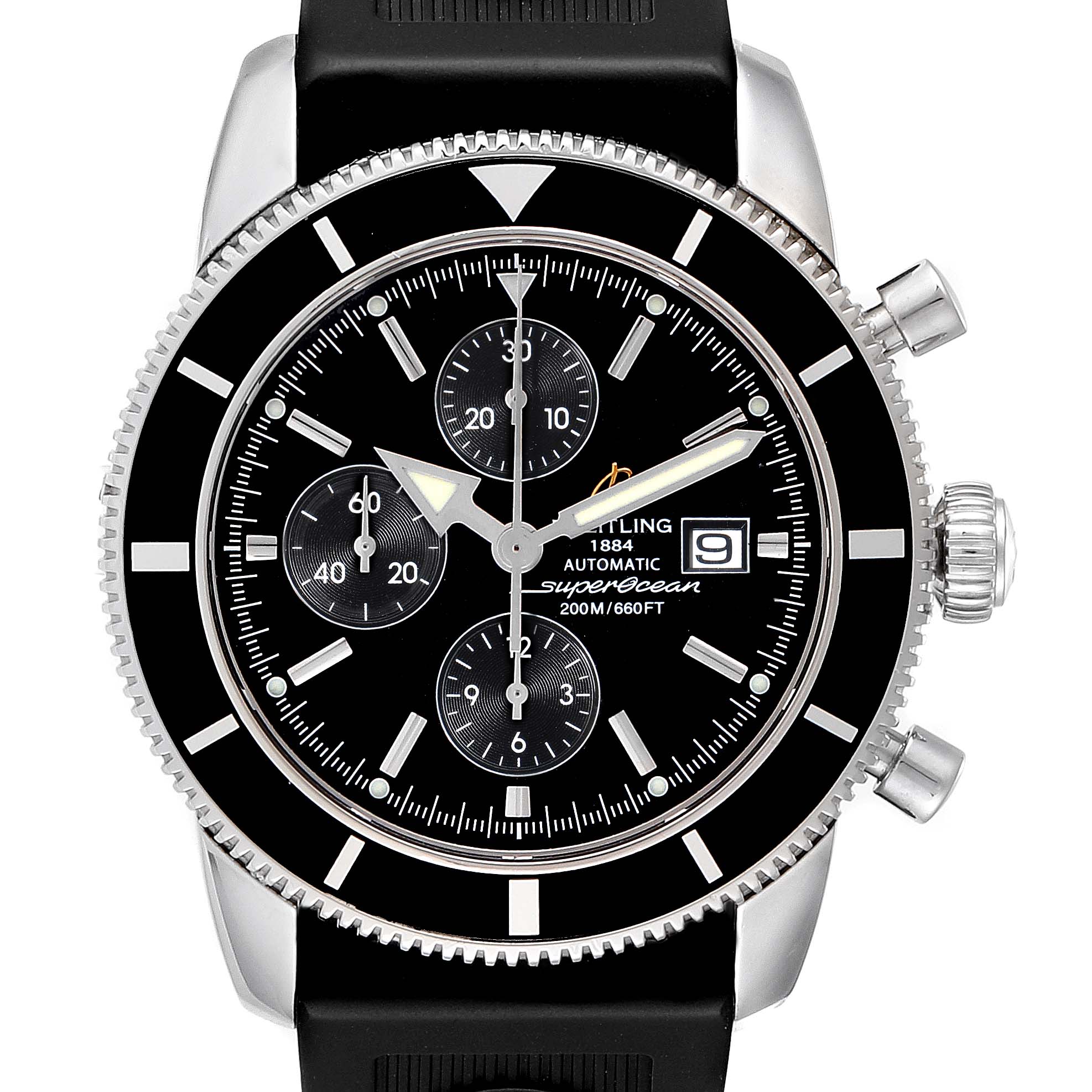 The image shows a front view of a Breitling Superocean A13320 Men's Stainless Steel Black Dial A13320 Men's Stainless Steel Black Dial watch, highlighting the dial, bezel, crown, chronograph subdials, and strap.
