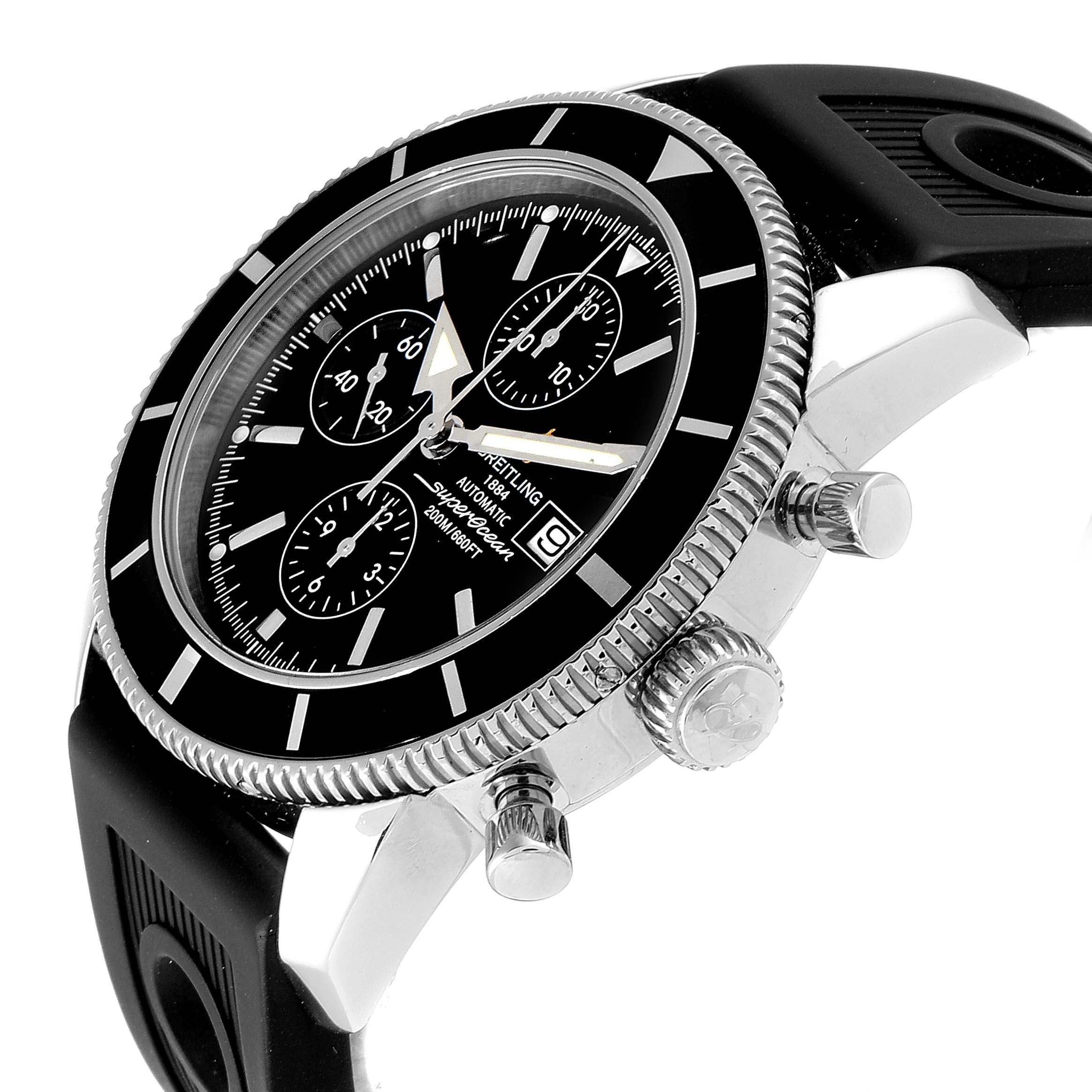 The image shows a side angle of the Breitling Superocean A13320 Men's Stainless Steel Black Dial A13320 Men's Stainless Steel Black Dial watch highlighting the dial, bezel, and side crown with pushers.