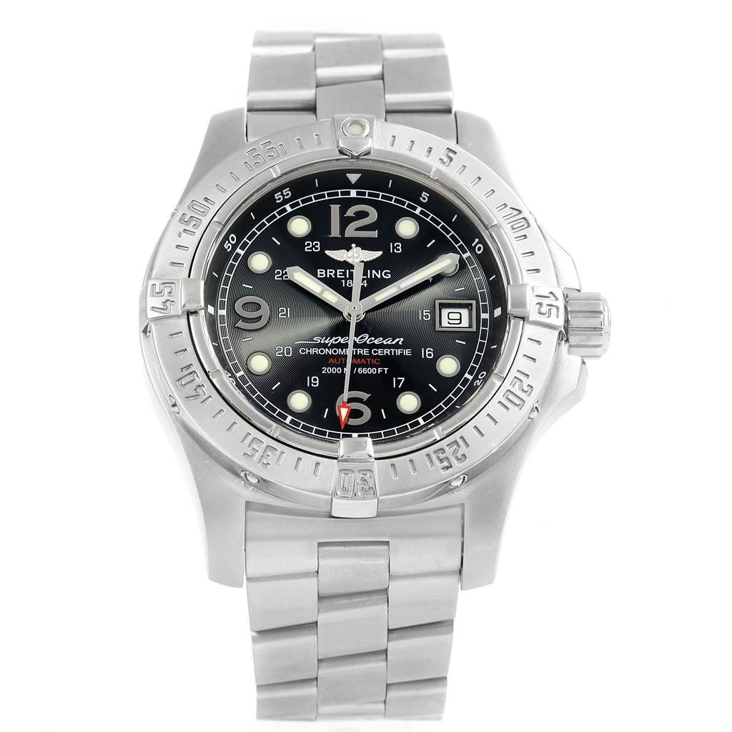 This image shows a front view of the Breitling Superocean A17390 Men's Stainless Steel Black Dial A17390 Men's Stainless Steel Black Dial watch with its stainless steel bracelet, bezel, and dial clearly visible.