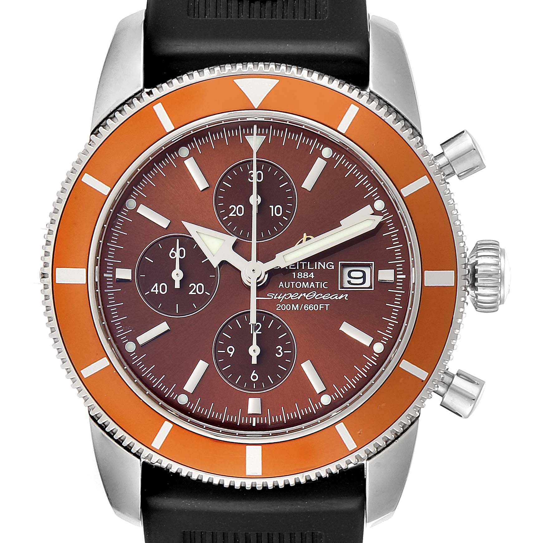 This Breitling Superocean A13320 Men's Stainless Steel Brown Dial A13320 Men's Stainless Steel Brown Dial watch is shown from the front, highlighting the dial, bezel, chronograph subdials, and date window.