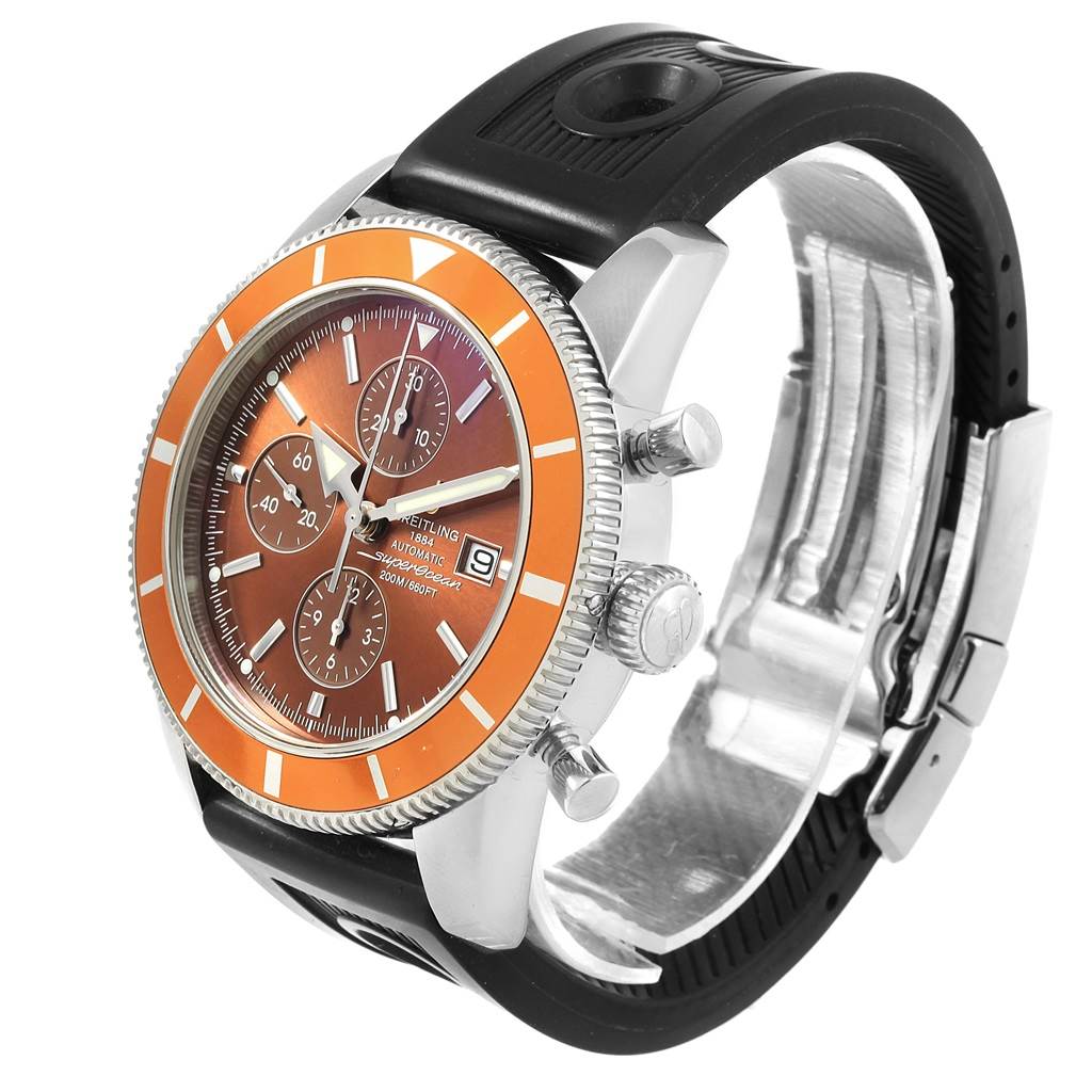 This image shows a Breitling Superocean A13320 Men's Stainless Steel Brown Dial A13320 Men's Stainless Steel Brown Dial watch at a three-quarter angle, highlighting the bezel, dial, pushers, and strap.