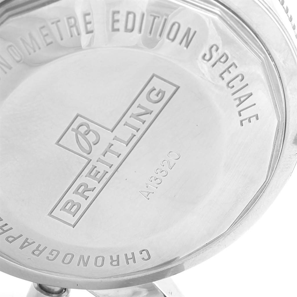 This image shows the engraved case back of a Breitling Superocean A13320 Men's Stainless Steel Silver Dial A13320 Men's Stainless Steel Silver Dial watch, highlighting the model number and brand.
