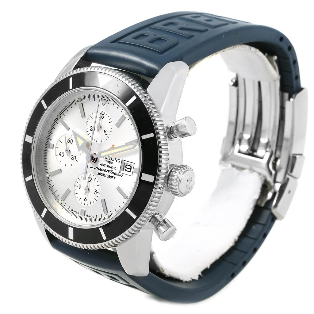 The image shows a Breitling Superocean A13320 Men's Stainless Steel Silver Dial A13320 Men's Stainless Steel Silver Dial watch at a three-quarter angle, highlighting the bezel, crown, and rubber strap.