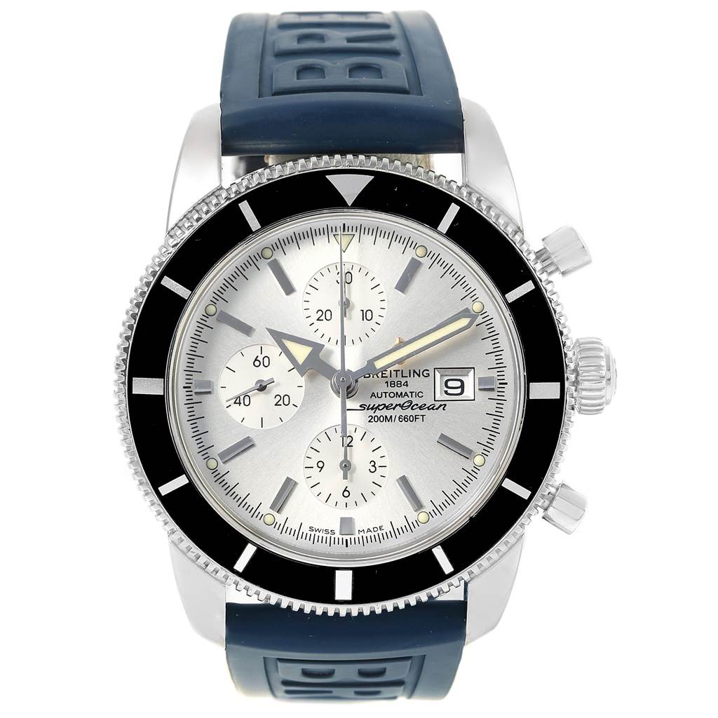 The image shows a Breitling Superocean A13320 Men's Stainless Steel Silver Dial A13320 Men's Stainless Steel Silver Dial watch from the front, highlighting the dial, bezel, crown, and part of the rubber strap.