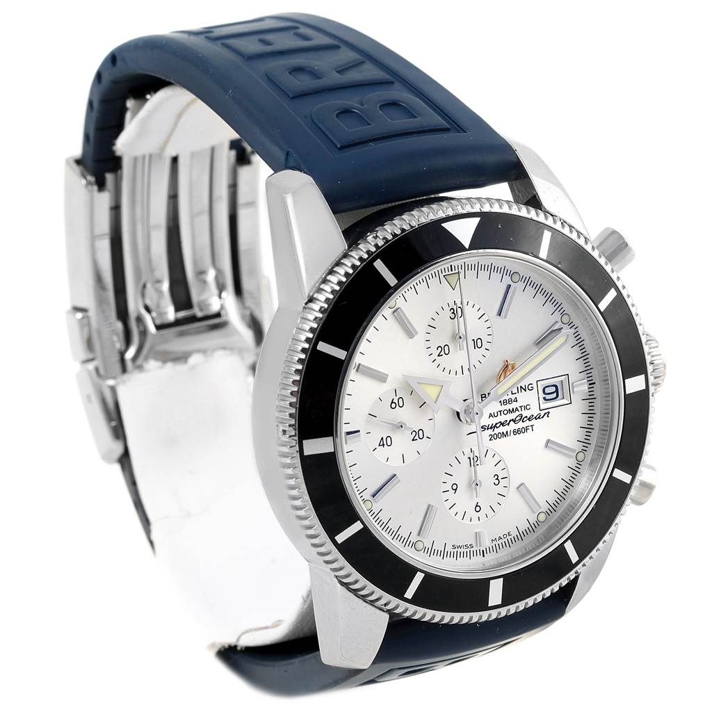 The image shows a Breitling Superocean A13320 Men's Stainless Steel Silver Dial A13320 Men's Stainless Steel Silver Dial watch at a side angle, highlighting the face, bezel, and part of the strap.