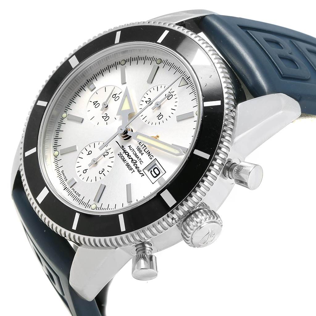 The image shows a Breitling Superocean A13320 Men's Stainless Steel Silver Dial A13320 Men's Stainless Steel Silver Dial watch from a side angle, highlighting the face, bezel, crown, pushers, and part of the strap.