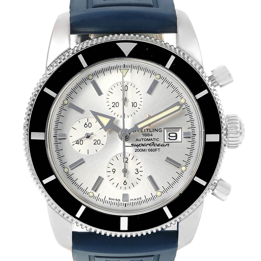 The image shows a Breitling Superocean A13320 Men's Stainless Steel Silver Dial A13320 Men's Stainless Steel Silver Dial watch at a frontal angle, highlighting the dial, subdials, bezel, and strap.