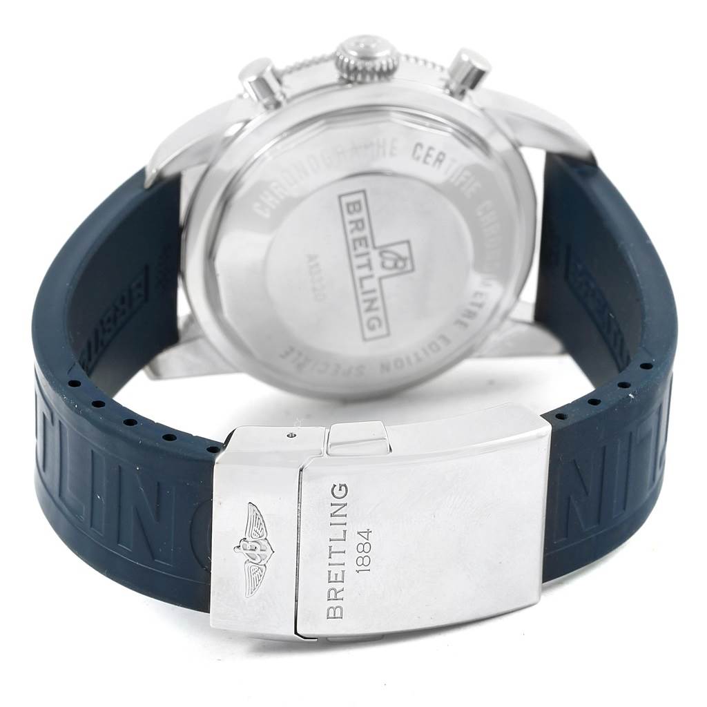 The image shows the back of the Breitling Superocean A13320 Men's Stainless Steel Silver Dial A13320 Men's Stainless Steel Silver Dial watch, including the case back, crown, and clasp of the strap.