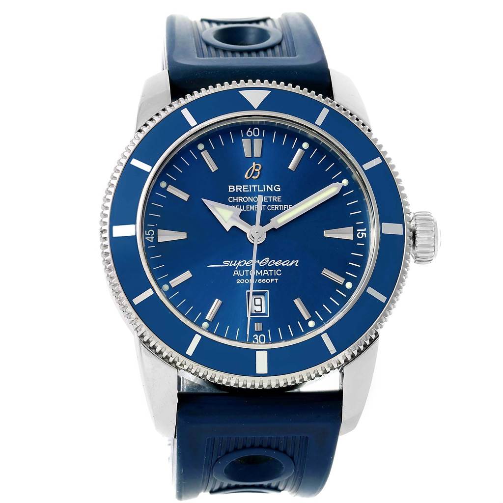 The image shows a frontal view of a Breitling Superocean A17320 Men's Stainless Steel Blue Dial A17320 Men's Stainless Steel Blue Dial watch with a blue dial and strap.
