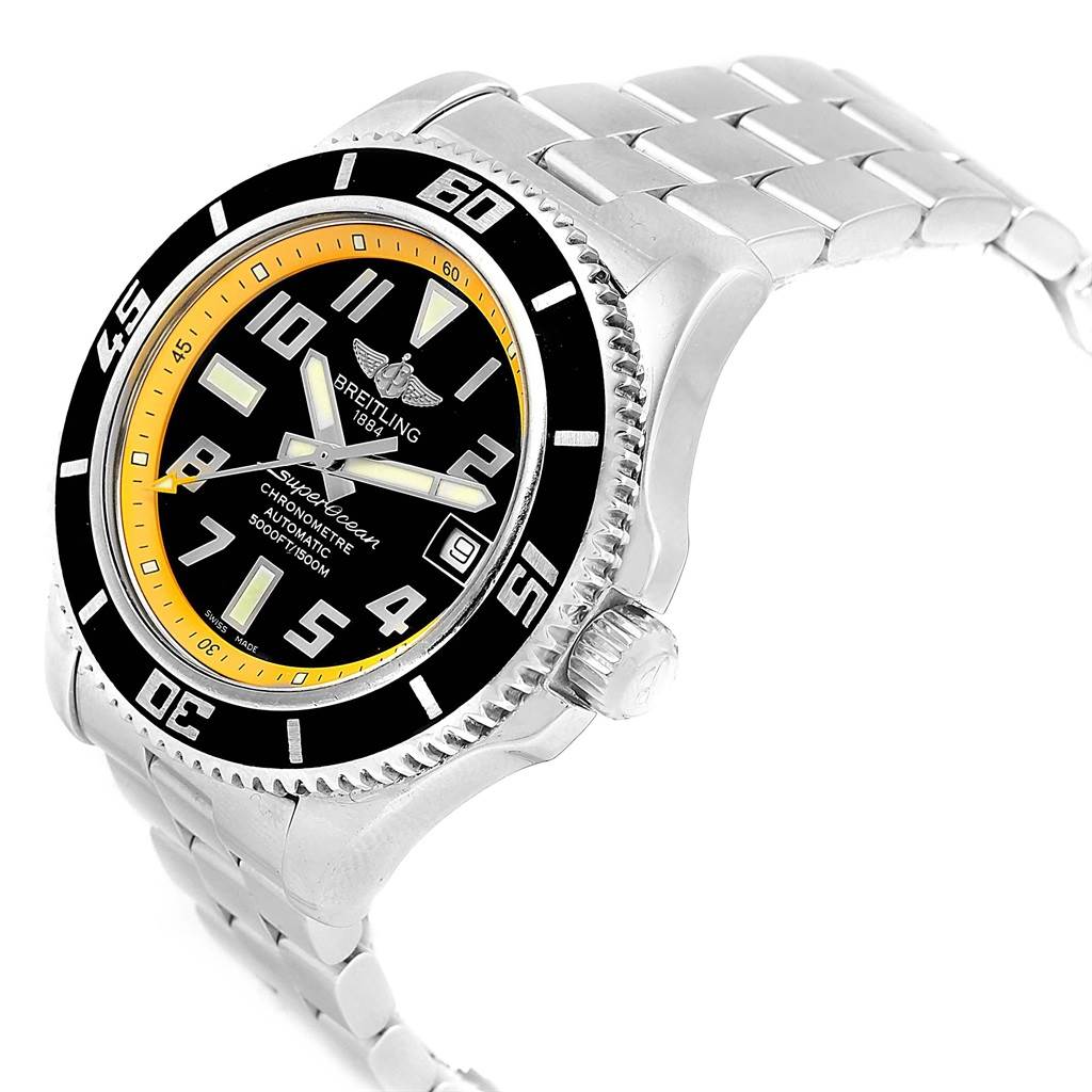 The Breitling Superocean A17364 Men's Stainless Steel Black Dial A17364 Men's Stainless Steel Black Dial watch is shown at an angled view, highlighting the watch face, bezel, crown, and part of the bracelet.