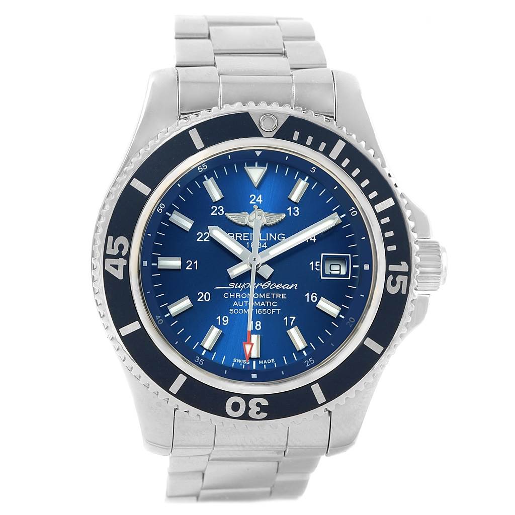 This image shows a front view of a Breitling Superocean A17365 Men's Stainless Steel Blue Dial A17365 Men's Stainless Steel Blue Dial watch with a blue dial and a metal bracelet.