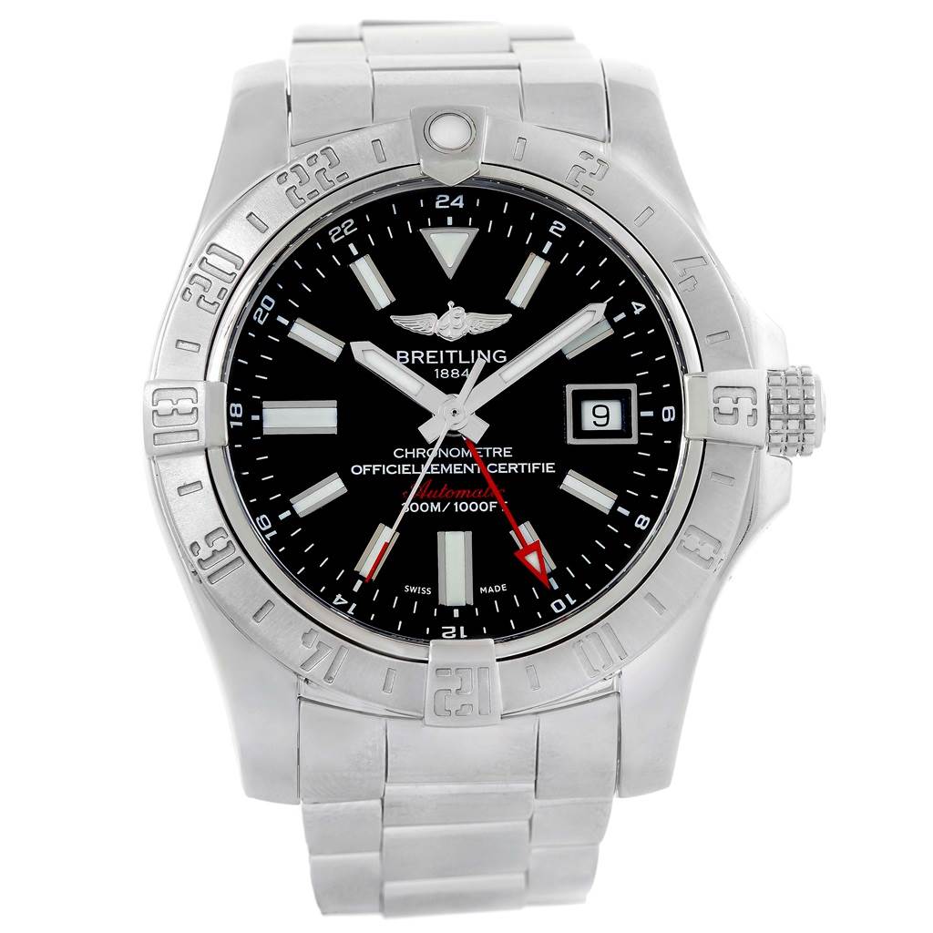 This image shows a front view of the Breitling Avenger A32390 Men's Stainless Steel Black Dial A32390 Men's Stainless Steel Black Dial model watch with a stainless steel band.