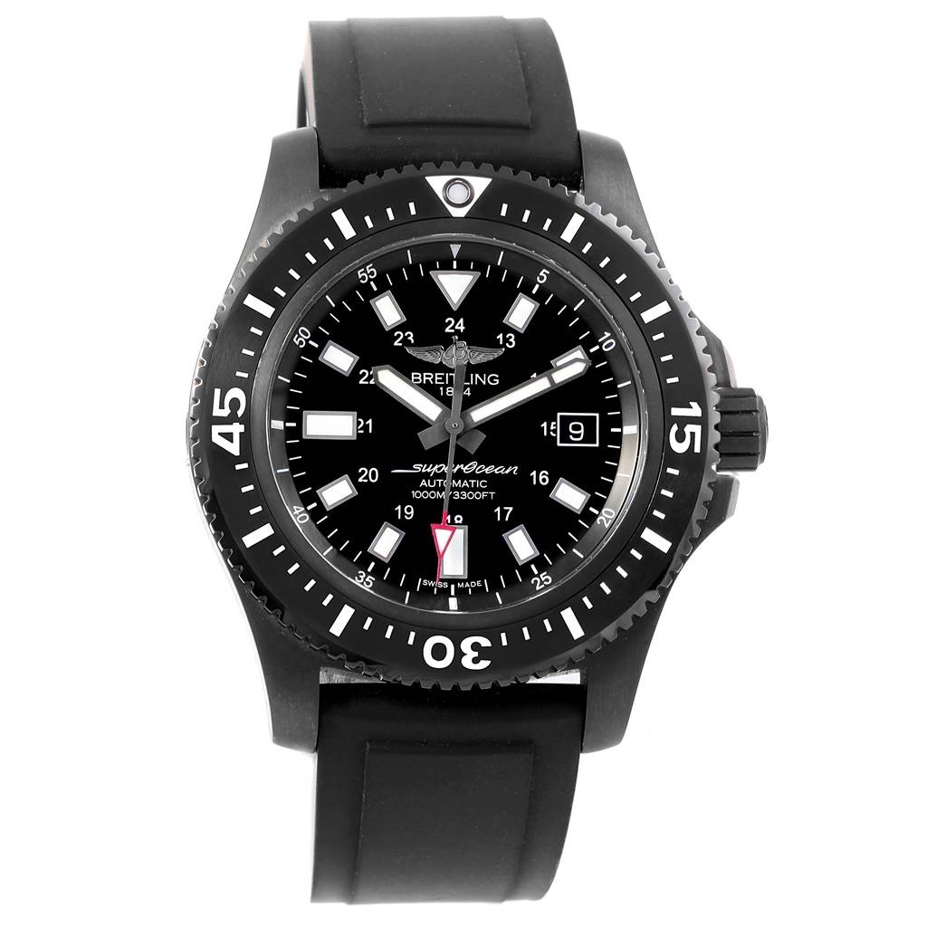 This Breitling Superocean M17393 Men's Stainless Steel Black Dial M17393 Men's Stainless Steel Black Dial watch is shown from a front angle, displaying the dial, bezel, and a portion of the rubber strap.