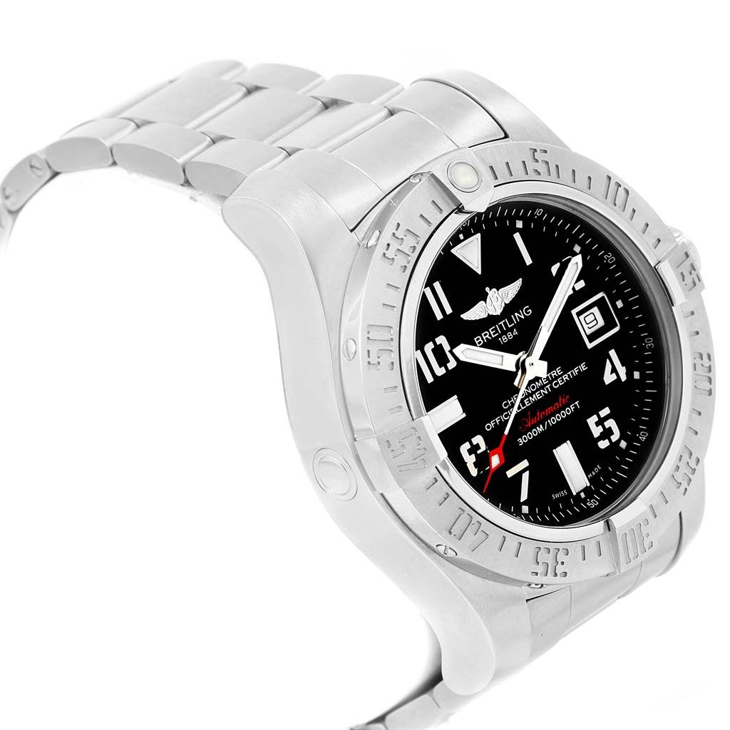 The photo shows a side angle of a Breitling Avenger A17331 Men's Stainless Steel Black Dial A17331 Men's Stainless Steel Black Dial watch, highlighting its bezel, dial, and a portion of the bracelet.