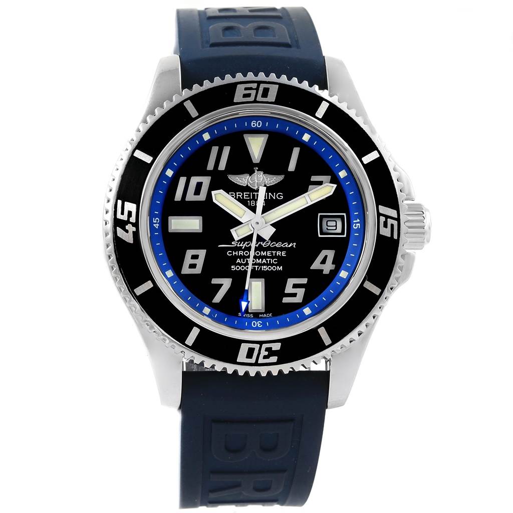 This image shows a front view of the Breitling Superocean A17364 Men's Stainless Steel Black Dial A17364 Men's Stainless Steel Black Dial watch, showcasing the dial, bezel, and strap.