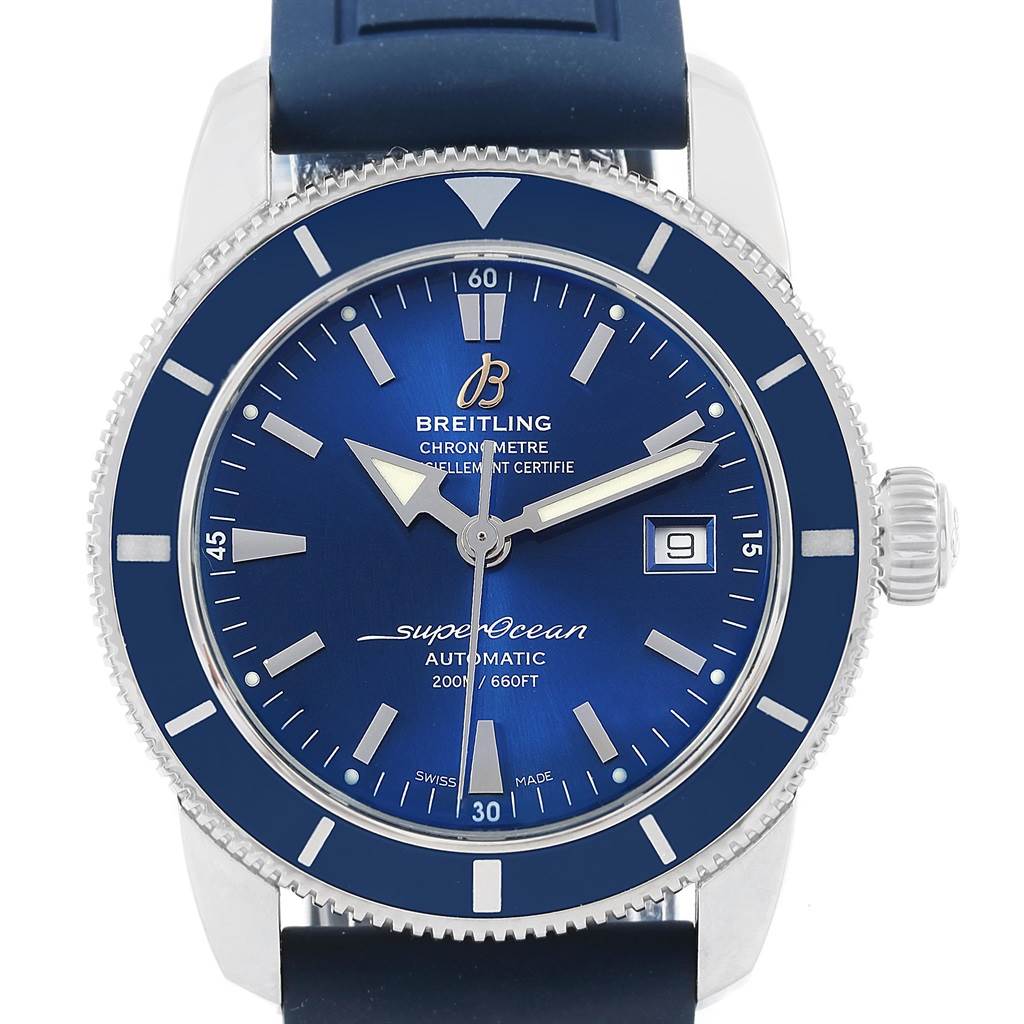 This image shows a front view of the Breitling Superocean A17321 Men's Stainless Steel Blue Dial A17321 Men's Stainless Steel Blue Dial watch, highlighting its blue dial, bezel, and date display.