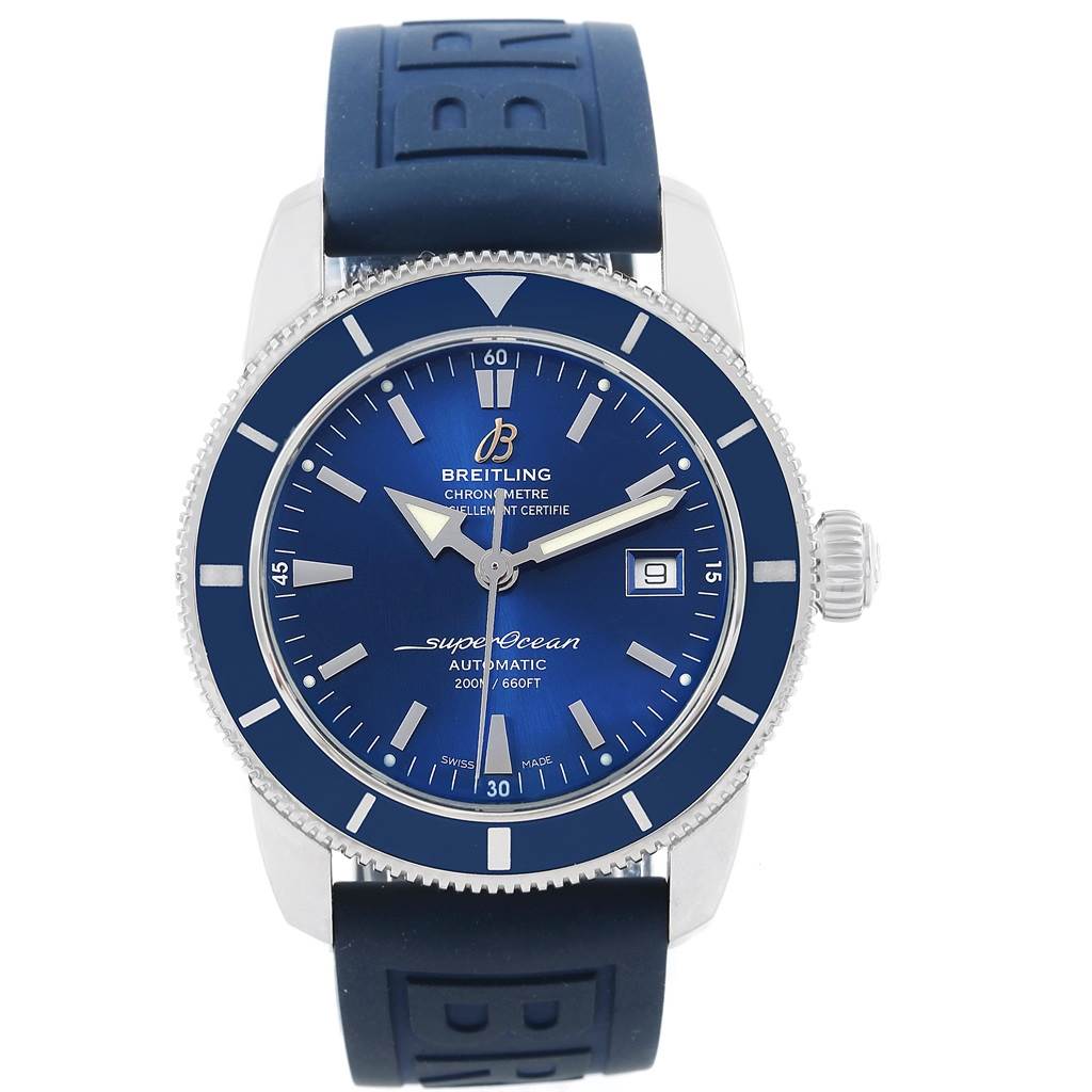 This Breitling Superocean A17321 Men's Stainless Steel Blue Dial A17321 Men's Stainless Steel Blue Dial watch is shown from the front, featuring its blue dial, bezel, hands, date display, and rubber strap.