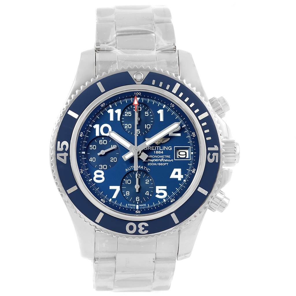 The image shows a front view of a Breitling Superocean A13311 Men's Stainless Steel Blue Dial A13311 Men's Stainless Steel Blue Dial watch, highlighting its blue dial, bezel, and metal bracelet.
