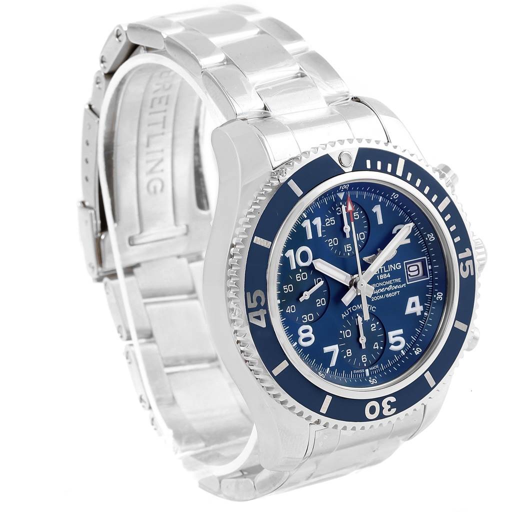 The image shows a Breitling Superocean A13311 Men's Stainless Steel Blue Dial A13311 Men's Stainless Steel Blue Dial watch from an oblique angle, highlighting the face, bezel, and metal bracelet.