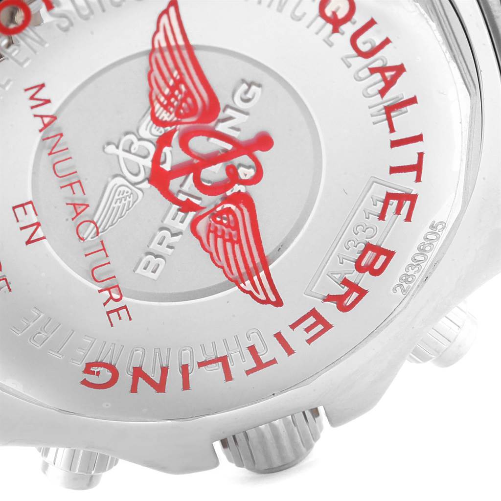 The image shows the engraved and stamped backside of a Breitling Superocean A13311 Men's Stainless Steel Blue Dial A13311 Men's Stainless Steel Blue Dial watch featuring the brand's logo and model details.