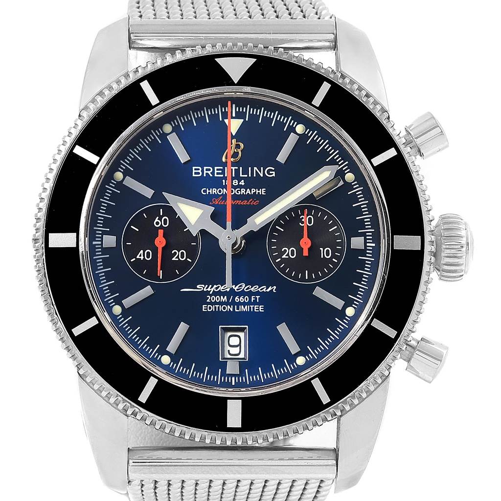 The Breitling Superocean A23320 Men's Stainless Steel Blue Dial A23320 Men's Stainless Steel Blue Dial watch is shown from the front, displaying its face, bezel, dial, pushers, and stainless steel mesh band.