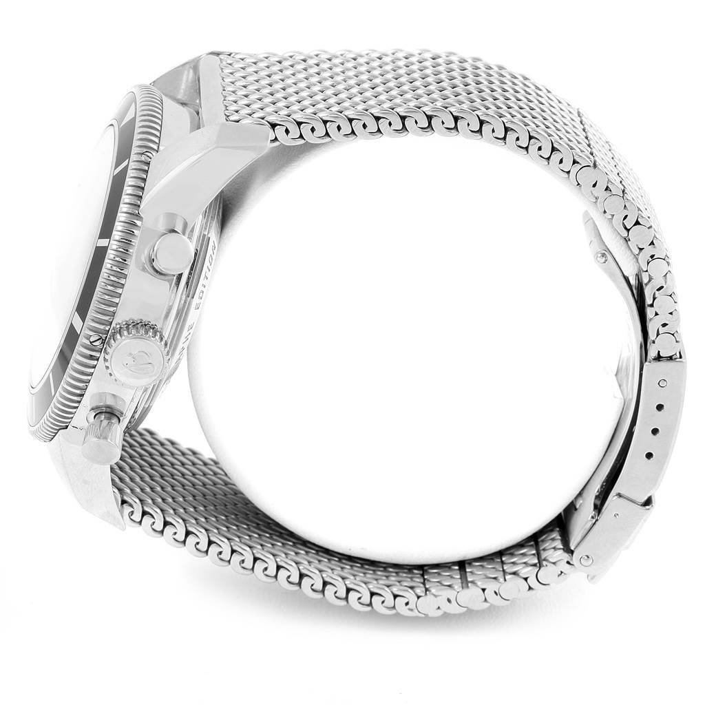 The image shows a Breitling Superocean A23320 Men's Stainless Steel Blue Dial A23320 Men's Stainless Steel Blue Dial watch from a side angle, highlighting the crown, bezel, and mesh bracelet.