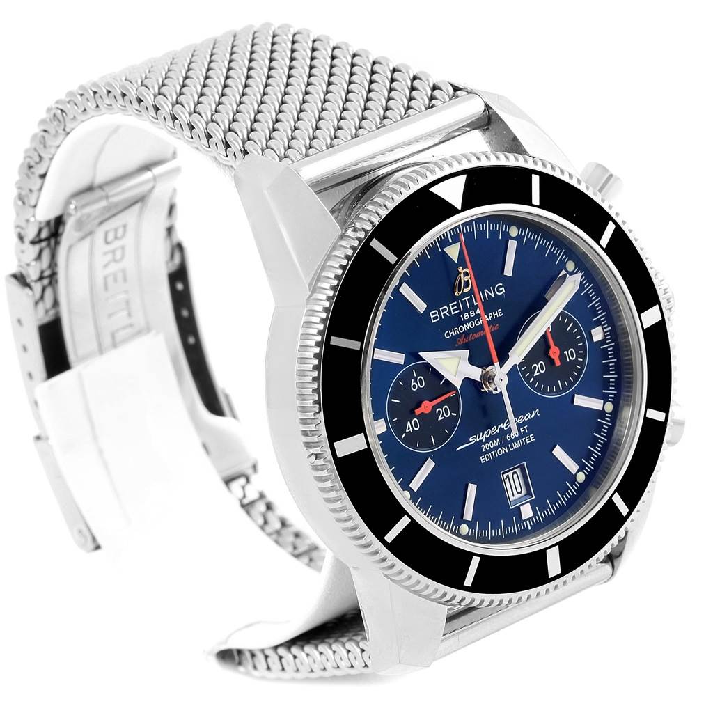 The image shows a Breitling Superocean A23320 Men's Stainless Steel Blue Dial A23320 Men's Stainless Steel Blue Dial watch at a front-left angle, displaying its dial, bezel, and metallic strap.
