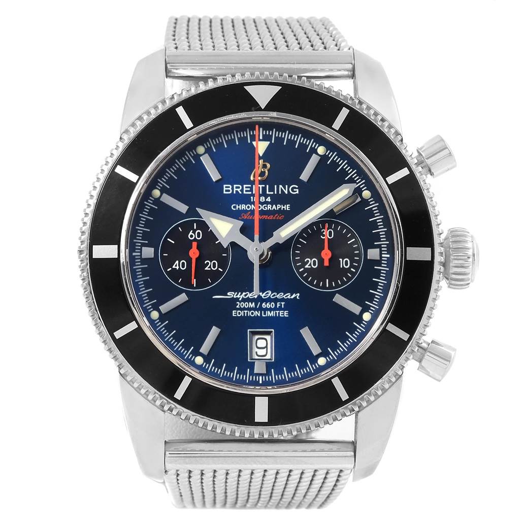 The image shows a front view of a Breitling Superocean A23320 Men's Stainless Steel Blue Dial A23320 Men's Stainless Steel Blue Dial watch, featuring the dial, bezel, crown, pushers, and metal mesh strap.
