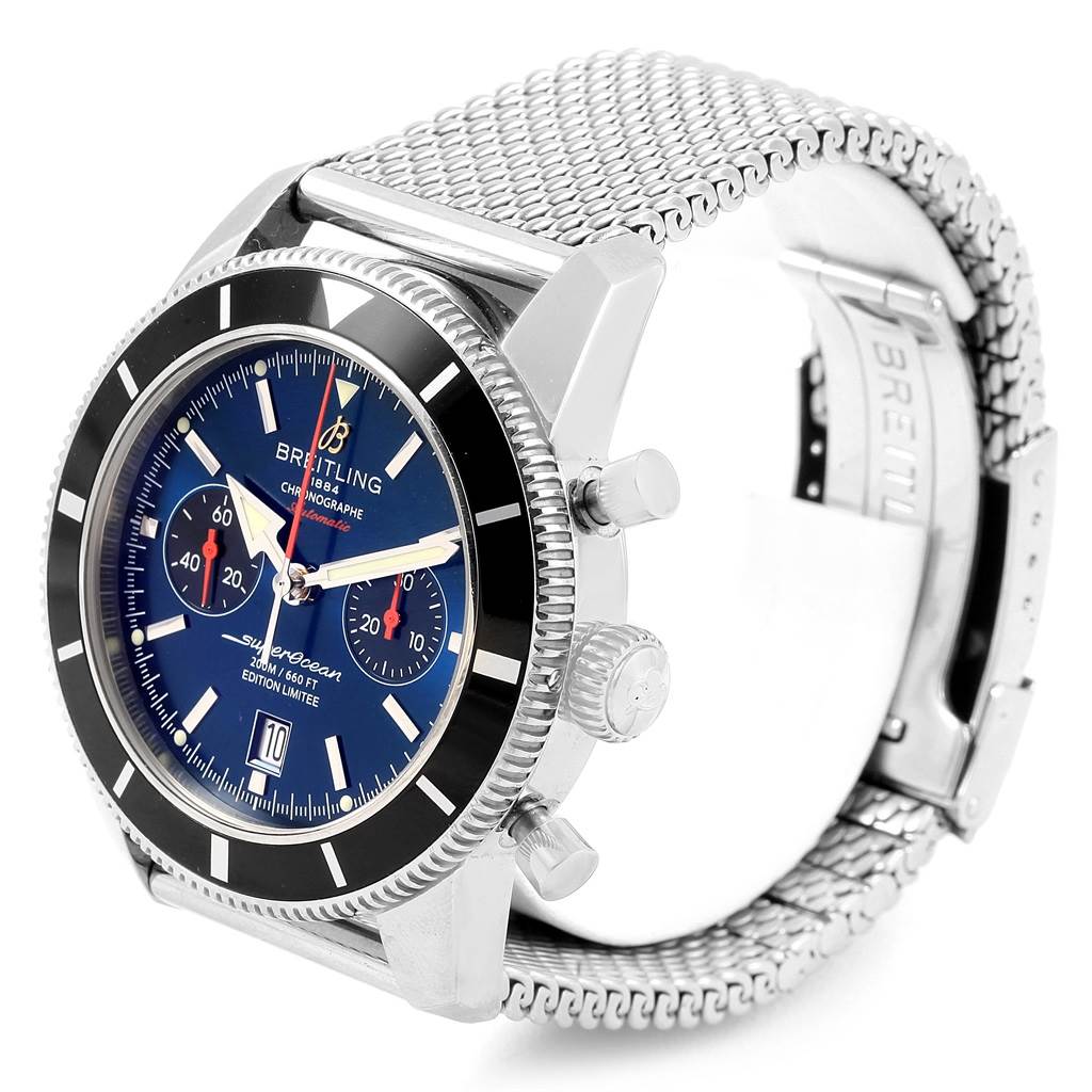 This image shows a Breitling Superocean A23320 Men's Stainless Steel Blue Dial A23320 Men's Stainless Steel Blue Dial watch at a slight angle displaying its face, bezel, crown, pushers, and metal mesh band.