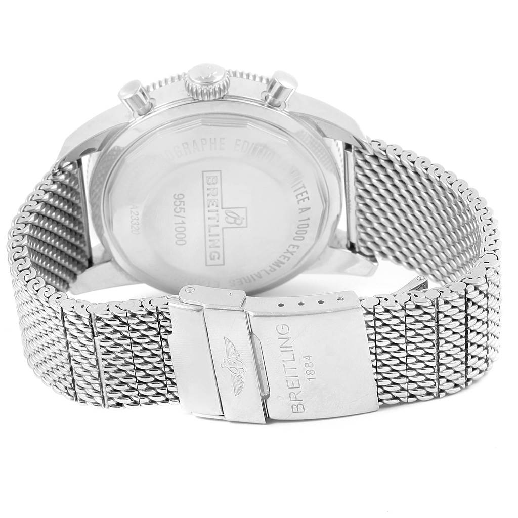 The image shows the back case and mesh bracelet of the Breitling Superocean A23320 Men's Stainless Steel Blue Dial A23320 Men's Stainless Steel Blue Dial watch, featuring the brand logo and limited edition number.