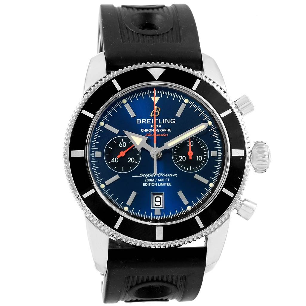 The image shows a front-angle view of a Breitling Superocean A23320 Men's Stainless Steel Blue Dial A23320 Men's Stainless Steel Blue Dial watch, highlighting the dial, bezel, and chronograph pushers.