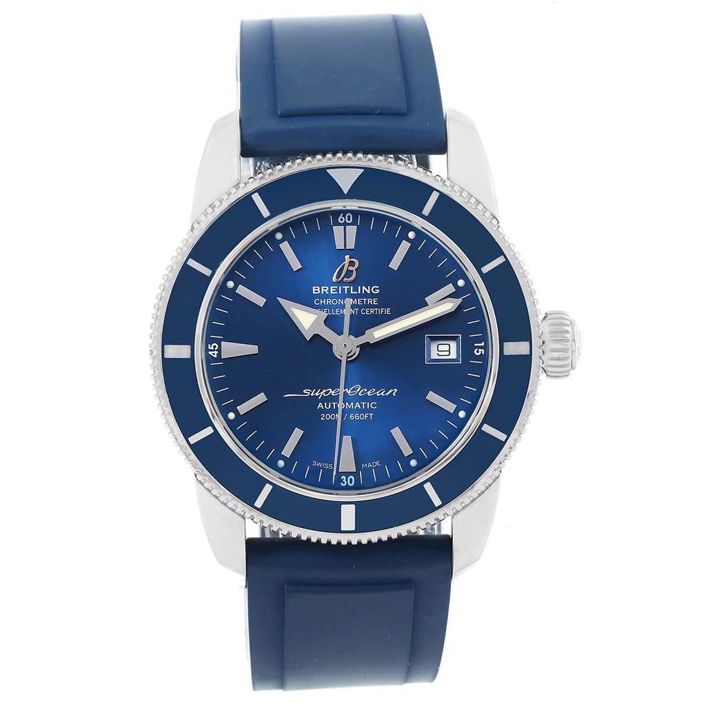 The Breitling Superocean A17321 Men's Stainless Steel Blue Dial A17321 Men's Stainless Steel Blue Dial watch is shown from the front, displaying its blue dial, bezel, hands, and rubber strap.