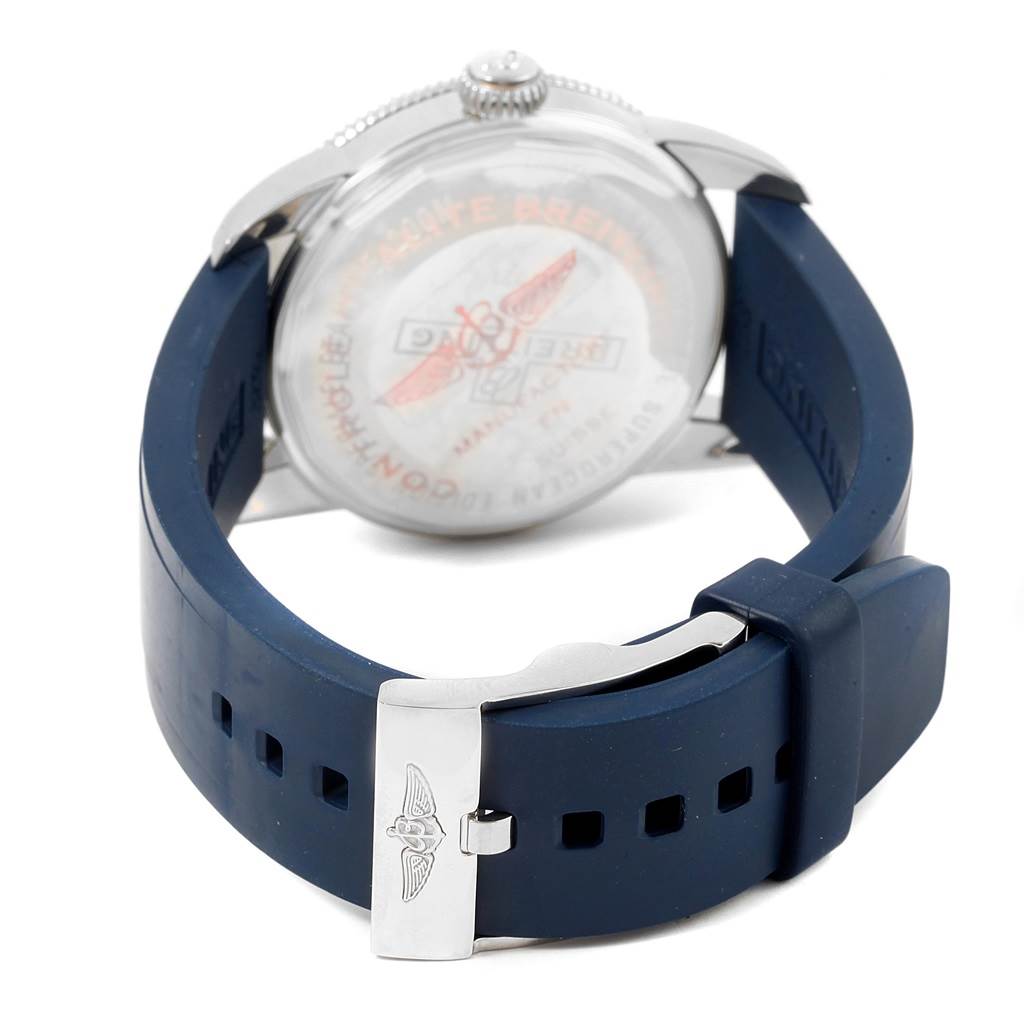 The image shows the back and strap of a Breitling Superocean A17321 Men's Stainless Steel Blue Dial A17321 Men's Stainless Steel Blue Dial watch, focusing on the clasp and case back.