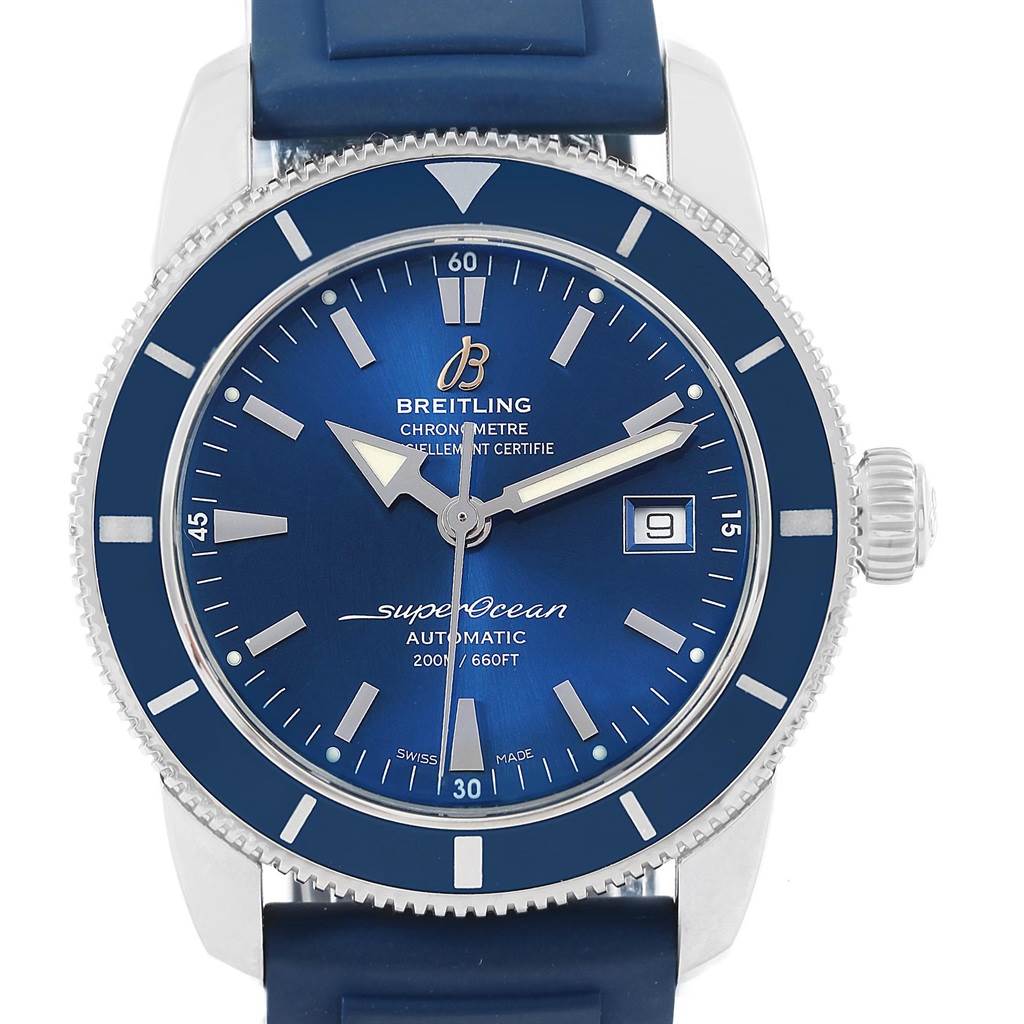 The image shows a front view of a Breitling Superocean A17321 Men's Stainless Steel Blue Dial A17321 Men's Stainless Steel Blue Dial watch, highlighting its blue dial, bezel, and strap, with visible crown and date window.