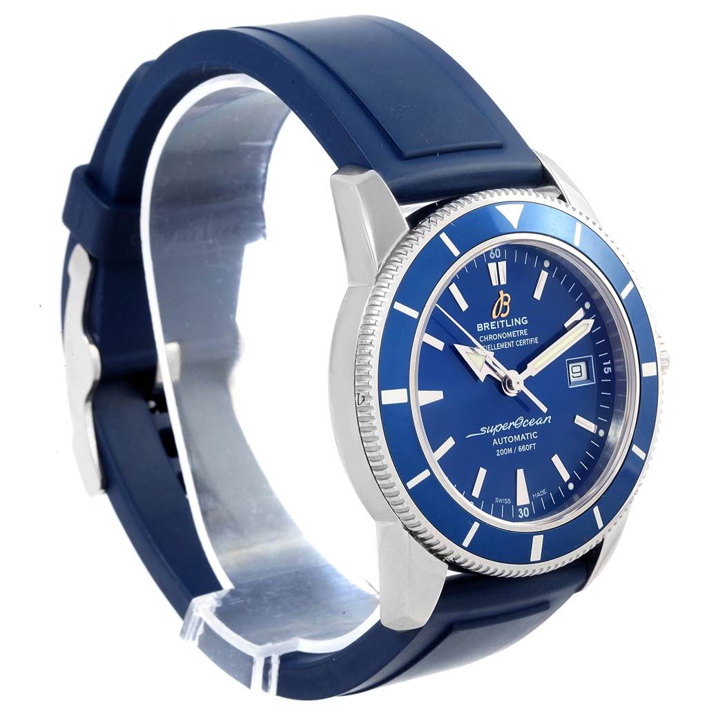 This Breitling Superocean A17321 Men's Stainless Steel Blue Dial A17321 Men's Stainless Steel Blue Dial watch is shown at a three-quarter angle, highlighting its blue dial, bezel, and strap.