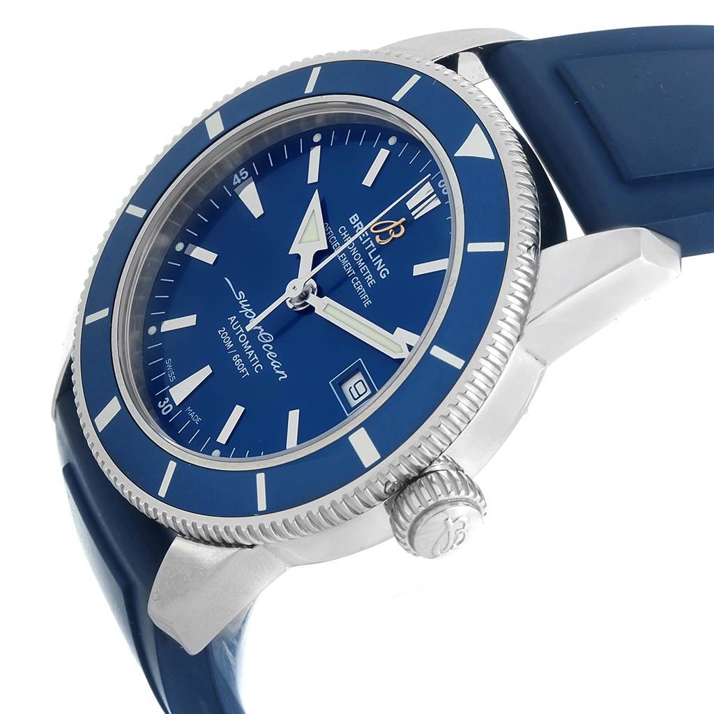 The image shows a side angle of the Breitling Superocean A17321 Men's Stainless Steel Blue Dial A17321 Men's Stainless Steel Blue Dial watch, highlighting its blue dial, bezel, and rubber strap.